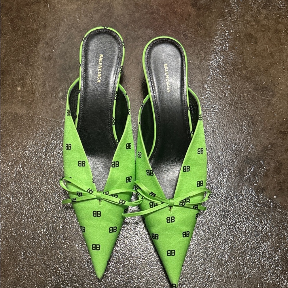 Balenciaga Green Logo Pointed Mules